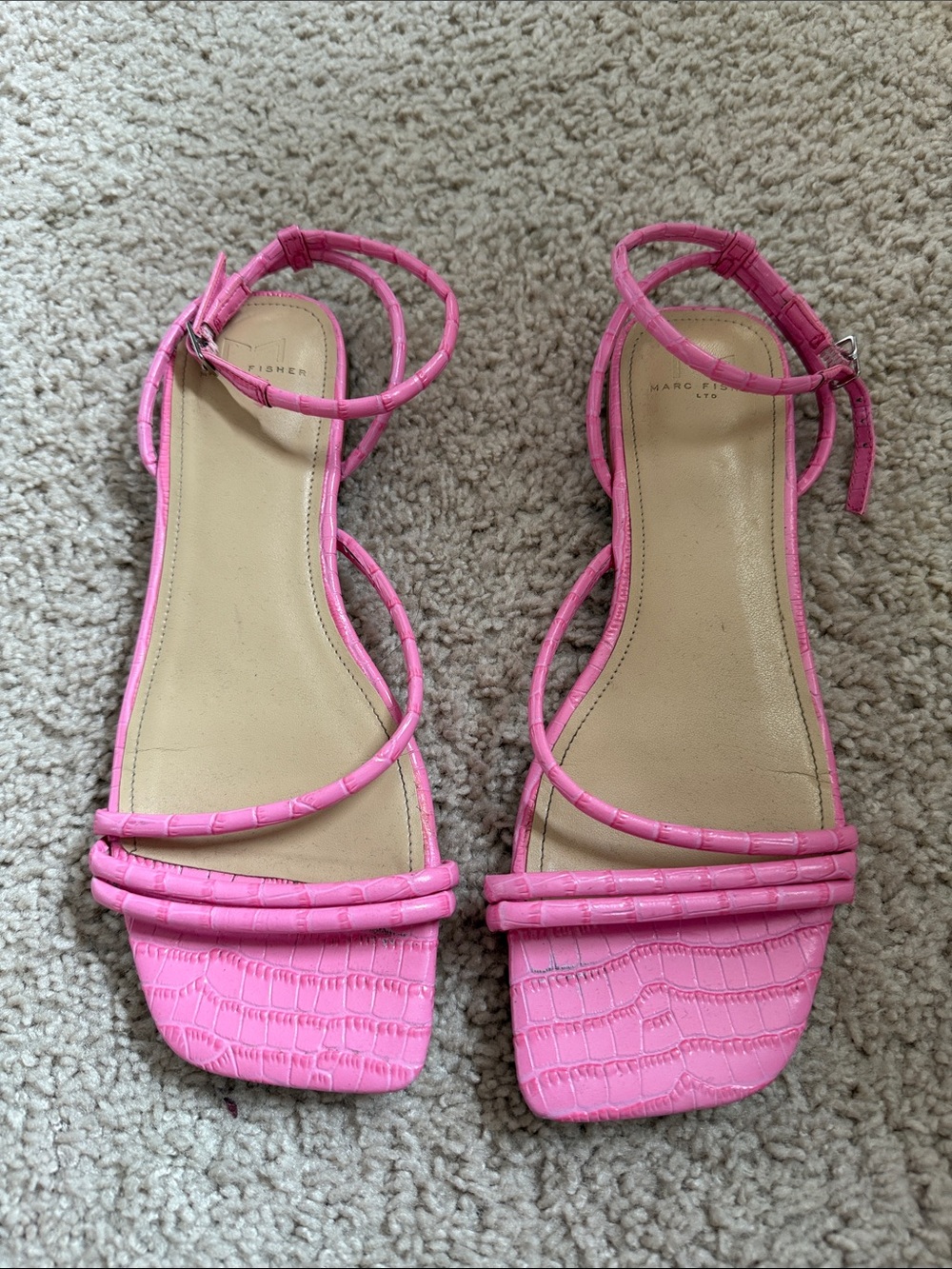 Marc Fisher Pink Croc-Embossed Strappy Ankle Sandals